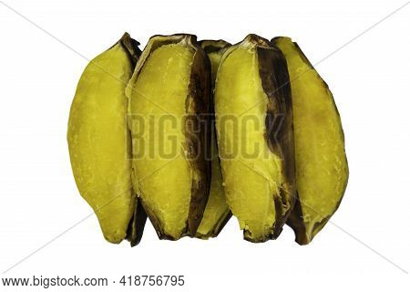 Delicious Golden Brown Grilled Banana. Grilled Silver Bluggoe Banana Or Kluai Hak Mook Isolated On W