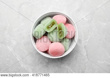 Delicious Mochi In Bowl On Light Grey Marble Table, Top View. Traditional Japanese Dessert