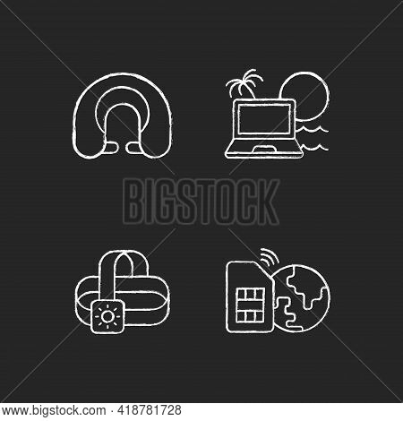 Nomadic Lifestyle Chalk White Icons Set On Black Background. Roadtrip Gear. Neck Pillow. Laptop For 