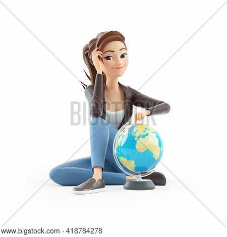 3d Cartoon Woman Sitting On Floor With Terrestrial Globe, Illustration Isolated On White Background