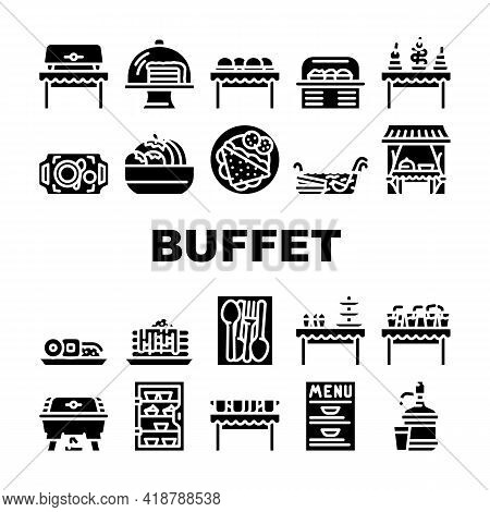 Buffet Food And Drinks Collection Icons Set Vector. Buffet Showcase With Cakes Dessert And Delicious