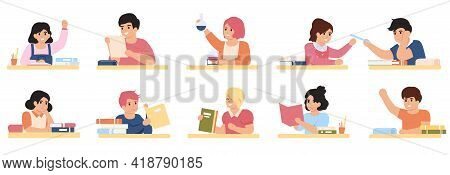 Pupils Studying. Students In School Classroom, Elementary School Pupils Studying Together Vector Ill