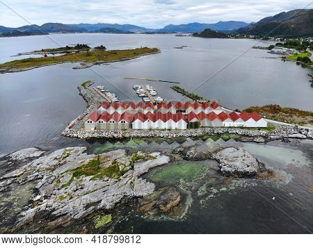 Norway Islands Drone View. Gurskoy Island Boat Garages And Marina Of Molustranda In More Og Romsdal 