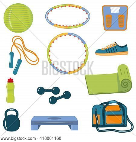 Set Of Sports Items For Fitness And Sports Color Isolated Vector Illustration