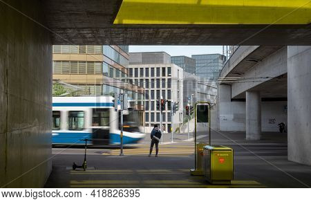 Zurich, Switzerland - April 19th 2020: Intermodal Mobility At Oerlikon Railway Station