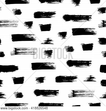 Vector Seamless Pattern With Hand Drawn Abstract Ink Brush Strokes. Illustration With Black Stains A