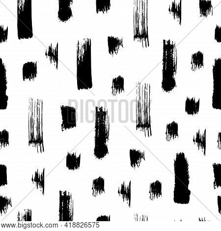Vector Seamless Pattern With Hand Drawn Abstract Ink Brush Strokes. Illustration With Black Stains A