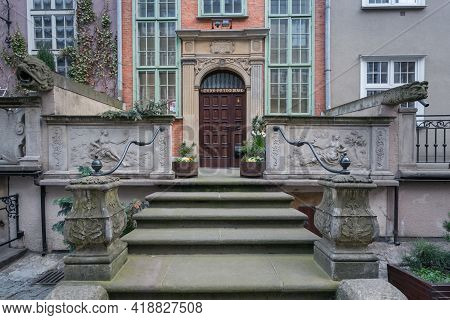 Gdansk, Poland - 06.05.2017: Old City House With Traditional Door And Artsy Stairs In Northern Style