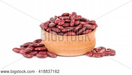 Red Kidney Beans In Wooden Bowl, Isolated On White Background. Rajma Or Mexican Bean. Beans Close Up