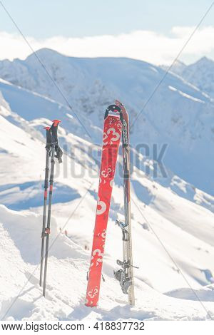 Kasprowy Wierch, Poland 28.01.2021 - Closeup View Of Ski-boards And Ski Poles On A Snow-covered Land