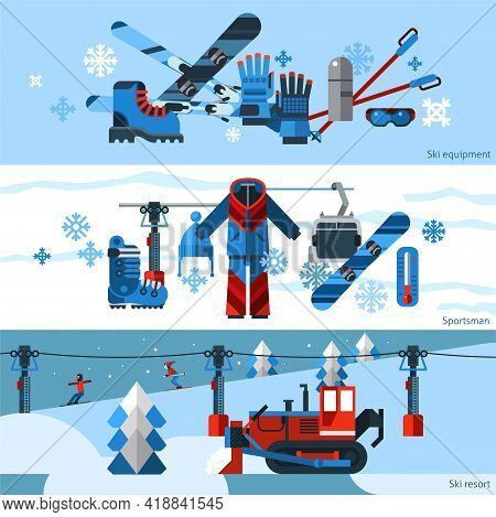 Three Flat Horizontal Skiing Banners Set Of Ski And Snowboard Equipment Isolated Vector Illustration