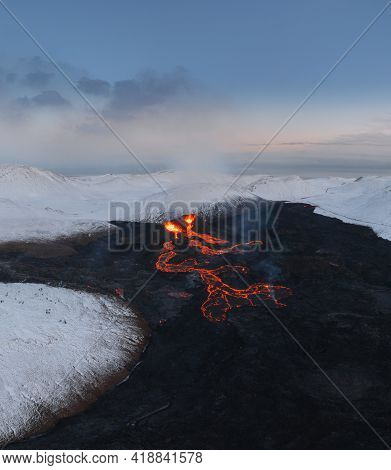 Aerial Panorama Of Active Lava River Flows From A Volcanic Eruption In Mount Fagradalsfjall Geldinga