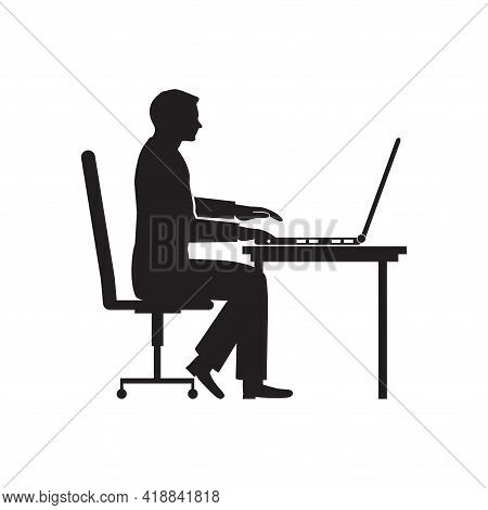 Silhouette Of Man Working At Computer. Programmer Sitting Stooping At Laptop. Hand Drawn Vector Illu
