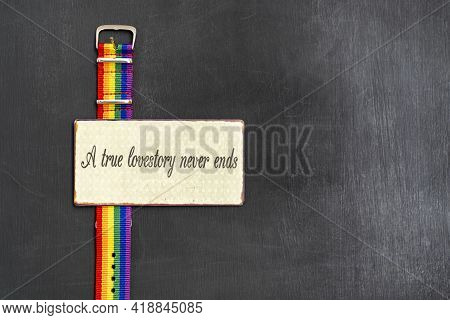 Lgbtqi Gay Pride Community Concept. Love Is Love. Multicolored Rainbow Flag Bracelet. Symbol Of Gay 