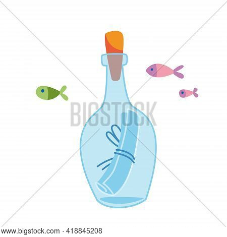 A Bottle With A Message. Pirate Map. A Letter Of Appeal For Help Sos. Vector Illustration In Cartoon