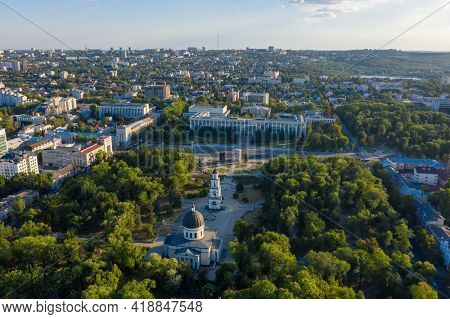 Chisinau, Moldova, August 2020: Aerial view of Cathedral Park and Government House in the center of Chisinau, capital of Moldova, at sunset