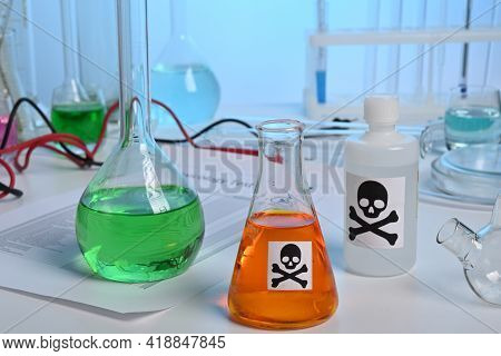 Toxic Lab Production Of Orange Poison Juice Liquid. Toxicology Lab Test Of Orange Juice. Orange Juic