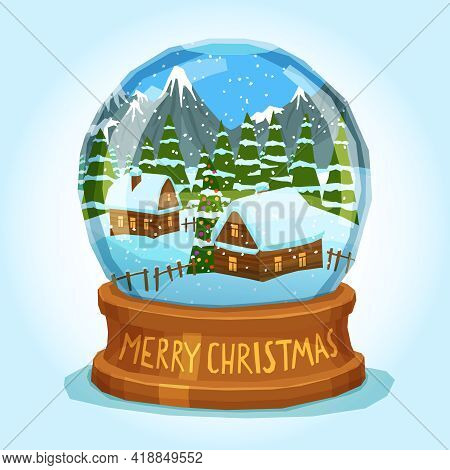 Winter Landscape Of Village Spruces And Ice Peak Mountains Inside Merry Christmas Snow Globe Card Ve