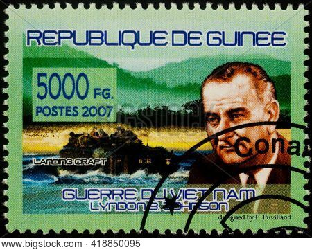 Moscow, Russia - April 27, 2021: Stamp Printed In Guinea, Shows Portrait Of American President Lyndo