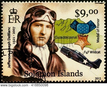 Moscow, Russia - April 27, 2021: Stamp Printed In Solomon Islands, Shows Jefferson J. Deblanc, Ameri