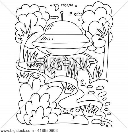 Ufo Fantasy Coloring Page, Spaceship In The Forest And Night Skyvector Illustration