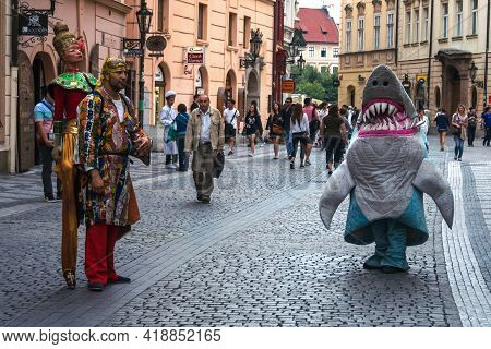 Prague, Czechia - July 2, 2014: Two Men, One With A Shark Costume, The Other With An Idian Outfit, A