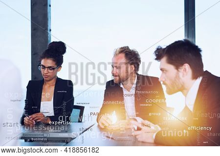 Team Of People Work Together. Concept Of Teamwork And Partnership. Most Important Business Terms In 