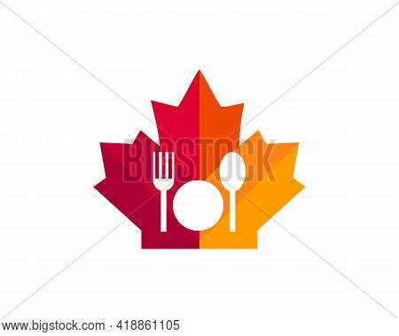Maple Fork Logo Design. Canadian Restaurant Logo. Red Maple Leaf With Fork And Spon Vector