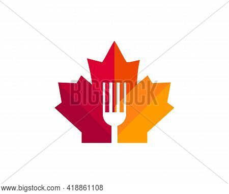Maple Fork Logo Design. Canadian Restaurant Logo. Red Maple Leaf With Fork And Spon Vector