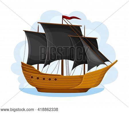 Pirate Sailing Ship With Square Rigged Masts Navigating Upon Water Vector Illustration