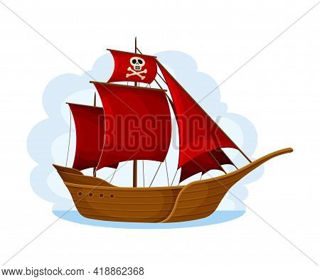 Wooden Pirate Ship Or Vessel With Red Sail Navigating Upon Water Vector Illustration