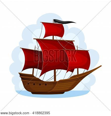 Wooden Pirate Ship Or Vessel With Red Sail Navigating Upon Water Vector Illustration