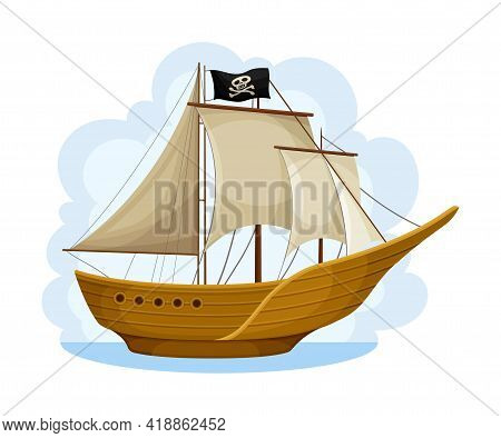 Pirate Ship With Sails And Flag With Crossed Bones Navigating Upon Water Vector Illustration