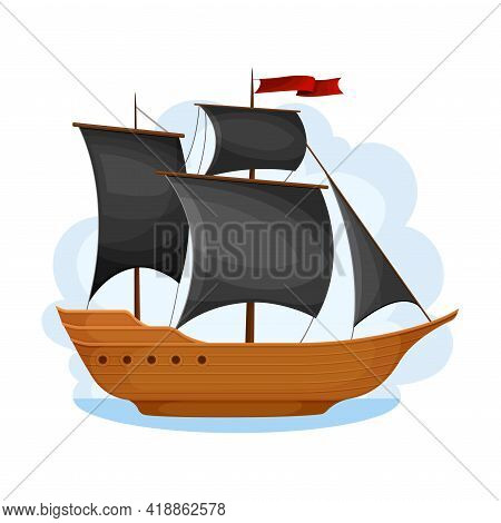 Pirate Ship With Black Sails And Square Rigged Mast Navigating Upon Water Vector Illustration