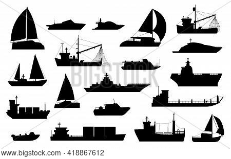 Boats Silhouette. Sailboat, Barge, Fishing And Cruise Ship, Sea Yacht, Passenger And Cargo Vessel Ic