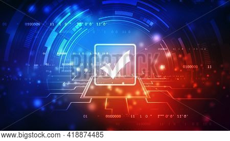 Check Mark Symbol In Digital Background, Technology Abstract Background, Tech Futuristic Check Mark 