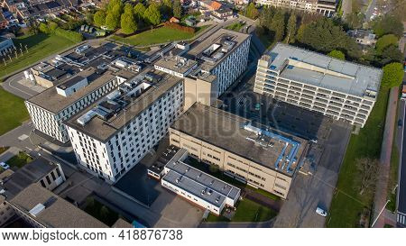 Turnhout, Belgium, 27 April 2021, Bird Eye Aerial View Of The Az Sint Elizabeth Hospital In The City