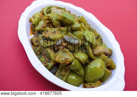 Delicious Capsicum Or Green Bellpepper Curry. Stir Fried With Onions Sauted Indian Asian Sabji With 