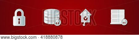 Set Lock, Server Security With Lock, Retro Wall Watch And Icon. Vector