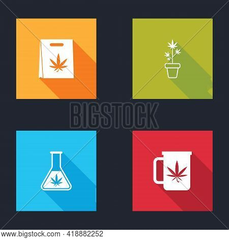 Set Shopping Bag Of Marijuana, Marijuana Plant Pot, Test Tube With And Cup Tea Icon. Vector