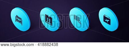 Set Isometric Plane And Cardboard Box, Search Barcode, Cardboard With Traffic And Warehouse Icon. Ve