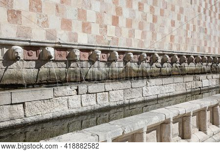 Fountain Called 99 Cannelle In The City Of Laquila  Capital Of The Abruzzo Region In Central Italy
