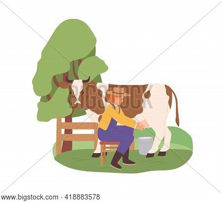 Milkmaid Milking Cow With Bucket Under Udder. Farmer And Domestic Animal On Organic Farm. Dairymaid 
