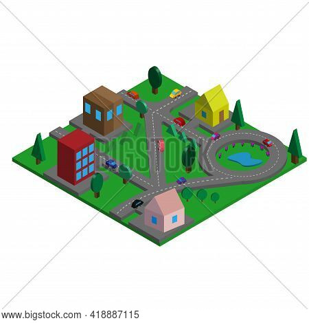Flat 3d Isometric City Concept With Highways, Isometric City With Buildings And Roads, Cars And Tree