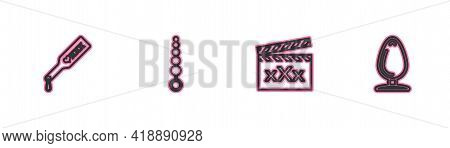 Set Line Spanking Paddle, Movie Clapper With Sex, Anal Beads And Plug Icon. Vector