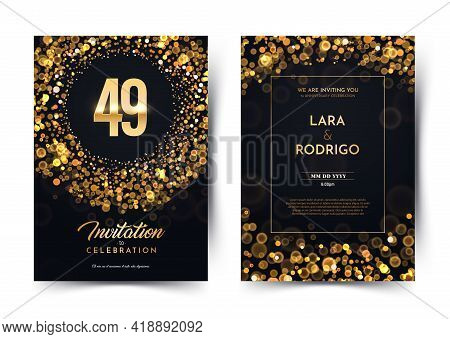 49th Years Birthday Vector Black Paper Luxury Invitation Double Card. Forty Nine Years Wedding Anniv