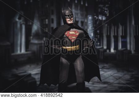 APRIL 27 2021: Mashup of DC Comic superheroes Batman and Superman, Batman wears the Superman S on his chest - Mego Corporation action figures