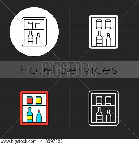 Mini Bar Dark Theme Icon. Small Refrigerator In Hotel Room Or Cruise Ship Stateroom. Guest Is Charge