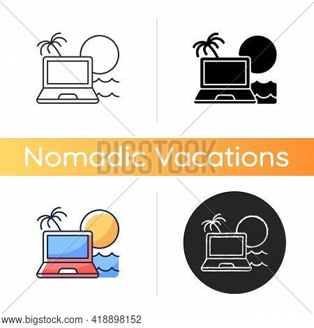 Digital Nomad Icon. Freelancer Laptop. Remote Job. Recreational Trip And Retreat. Nomadic Lifestyle.