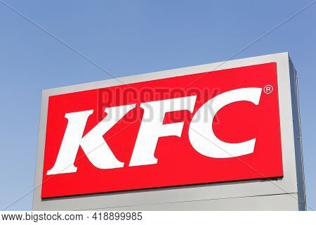 Kamen, Germany - July 22, 2018: Kfc Logo On A Panel. Kfc Is A Fast Food Restaurant Chain That Specia